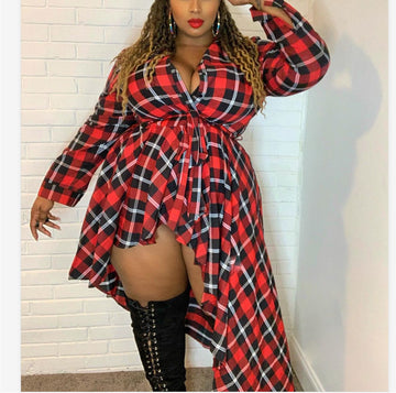 Plaid Irregular Hem Shirt Dress