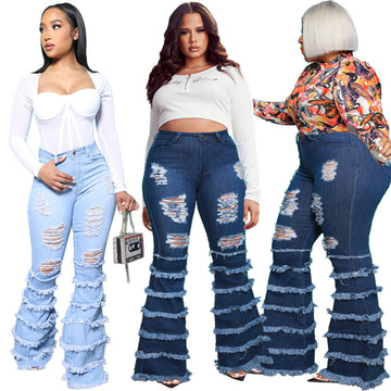 Mid-Rise Ripped Jeans with Fringe Stichings