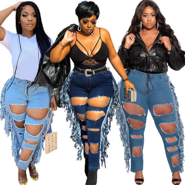 Mid-Waist Ripped Jeans With Tassels