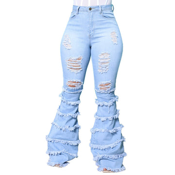 Mid-Rise Ripped Jeans with Fringe Stichings