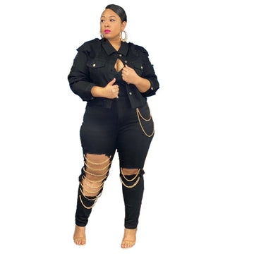 High Waist Ripped Jeans with Gold Chains