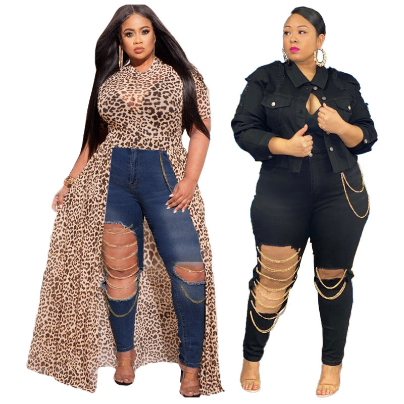 High Waist Ripped Jeans with Gold Chains