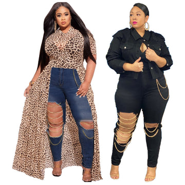 High Waist Ripped Jeans with Gold Chains