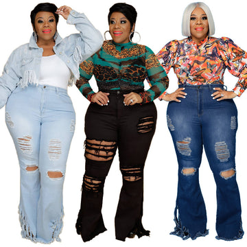 Slim Fit Ripped Tassel Bell-Bottom Jeans