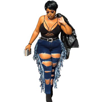 Mid-Waist Ripped Jeans With Tassels