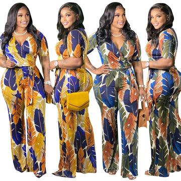 Wide Leg Leaf Print Jumpsuit