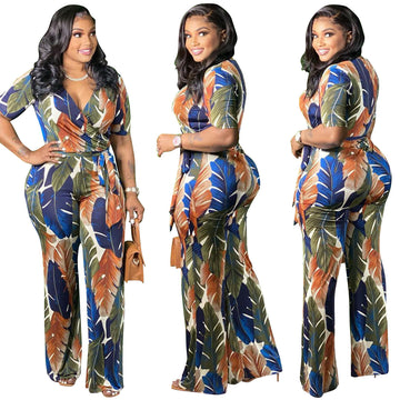 Wide Leg Leaf Print Jumpsuit